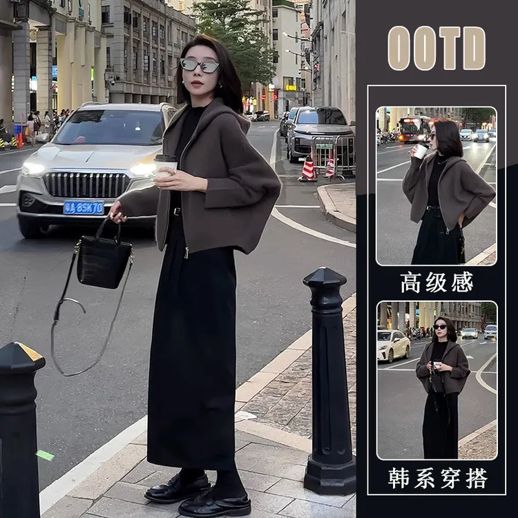 秋冬穿搭一整套高级感连帽针织外套黑色半身裙又a又飒两件套装女