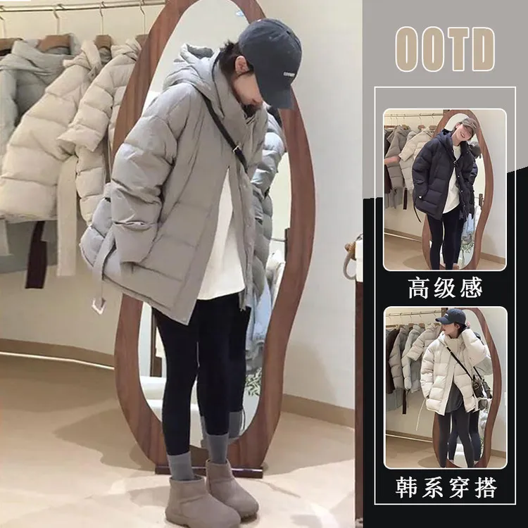 2024冬季新款爆款洋气韩版时尚百搭系带收腰显瘦连帽棉服女潮