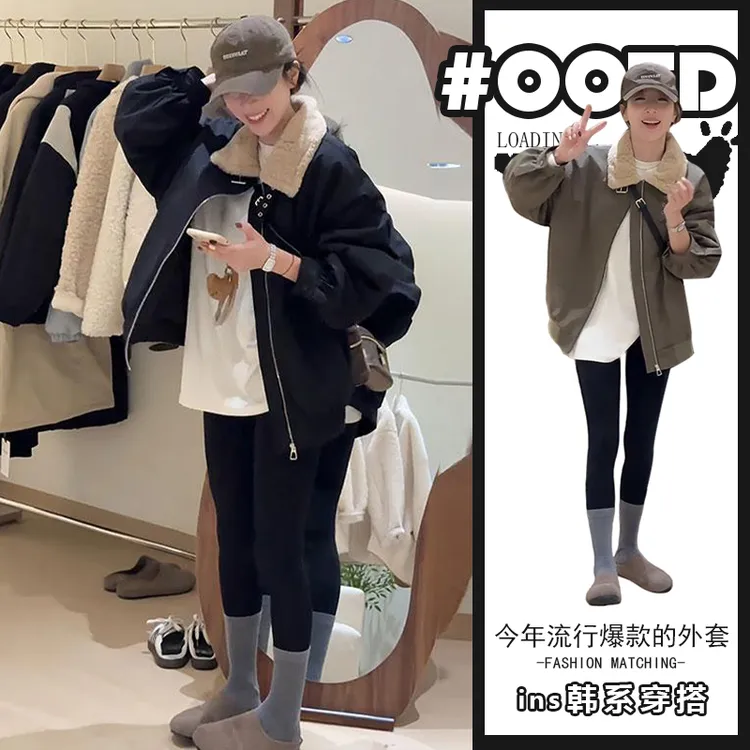 2024冬季新款韩版翻领拼接毛领黑色外套女宽松显瘦夹棉加厚派克服