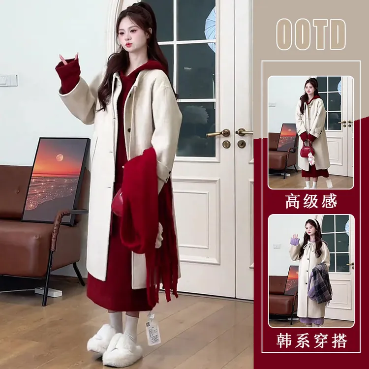 韩系搭配一整套冬装气质毛呢外套中长款毛衣裙今年流行的时尚套装