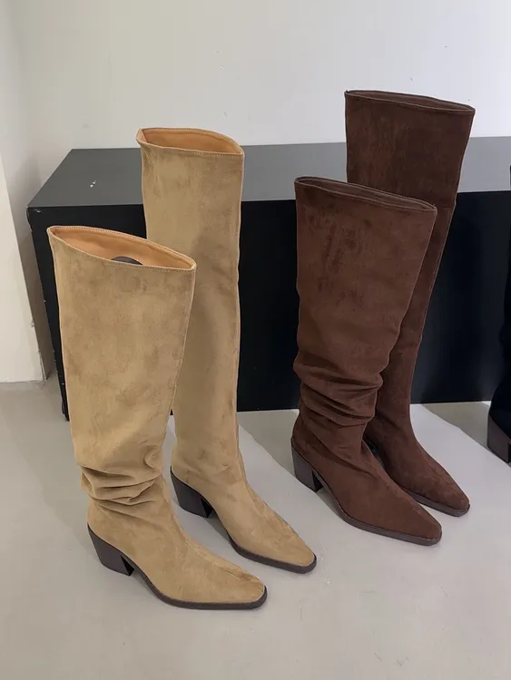 不挑腿型的过膝长靴！秋冬真皮粗跟堆堆靴多种穿法长筒骑士靴女