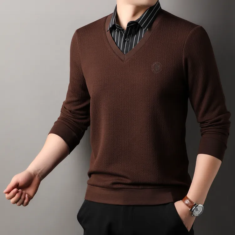 休闲狼男士长袖针织衫衬衫领休闲新款假两件套高档商务秋冬中年