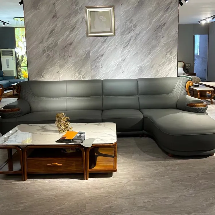 高端别墅轻奢头层牛皮1+3+妃组合客厅圣得宝帝乌金木家具