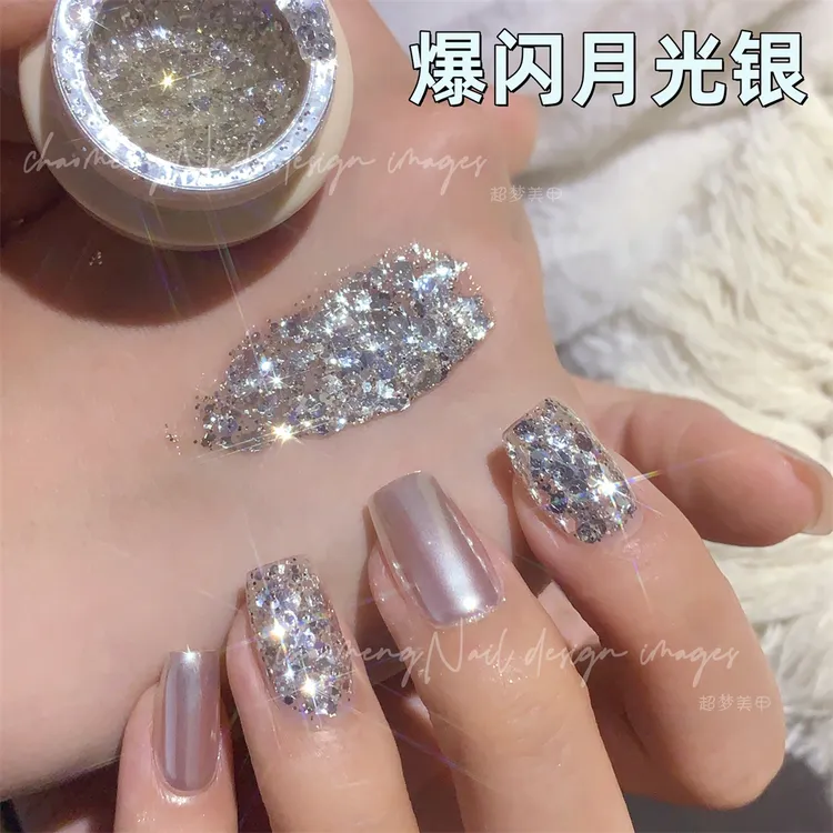 美甲爆闪月光银 月光金流行跳色纯银色金色穿戴甲大亮片指甲油胶