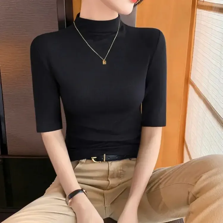 2024春秋冬季新款半高领修身五分袖内搭T恤显瘦打底衫7809