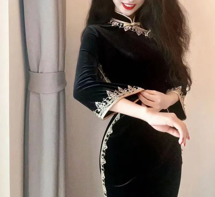 LHMknk1画报夫人原创自制高级丝绒复古倒大袖旗袍连衣裙 金太太