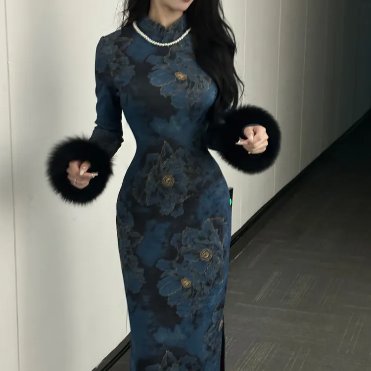 LHMknk1画报夫人原创自制秋冬厚款针织提花旗袍连衣裙 厚款兰陵王