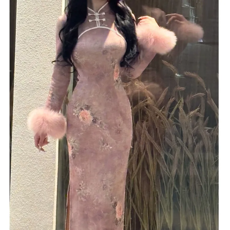 LHMknk1画报夫人原创自制秋冬厚款曼丽绒针织旗袍连衣裙  粉娇娘