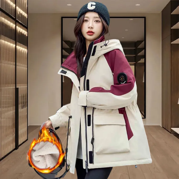 保暖防风派克服外套女冬季加厚休闲洋气连帽棉服加绒撞色冲锋衣潮
