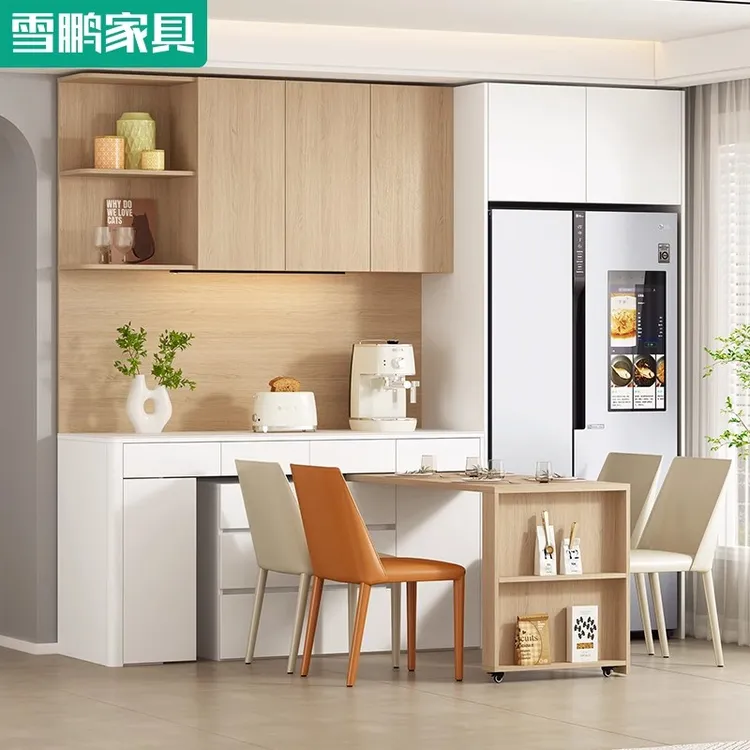 岩板餐边柜旋转餐桌一体靠墙高柜嵌入式冰箱储物柜吊柜组合6G283