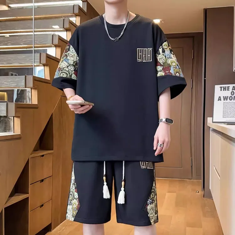 新中式休闲套装男士夏季薄款短袖短裤宽松大码t恤潮流运动两件套
