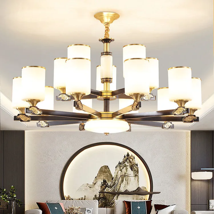 全铜新中式吊灯客厅2023新款简约餐厅卧室中国风玉石灯具套餐组合