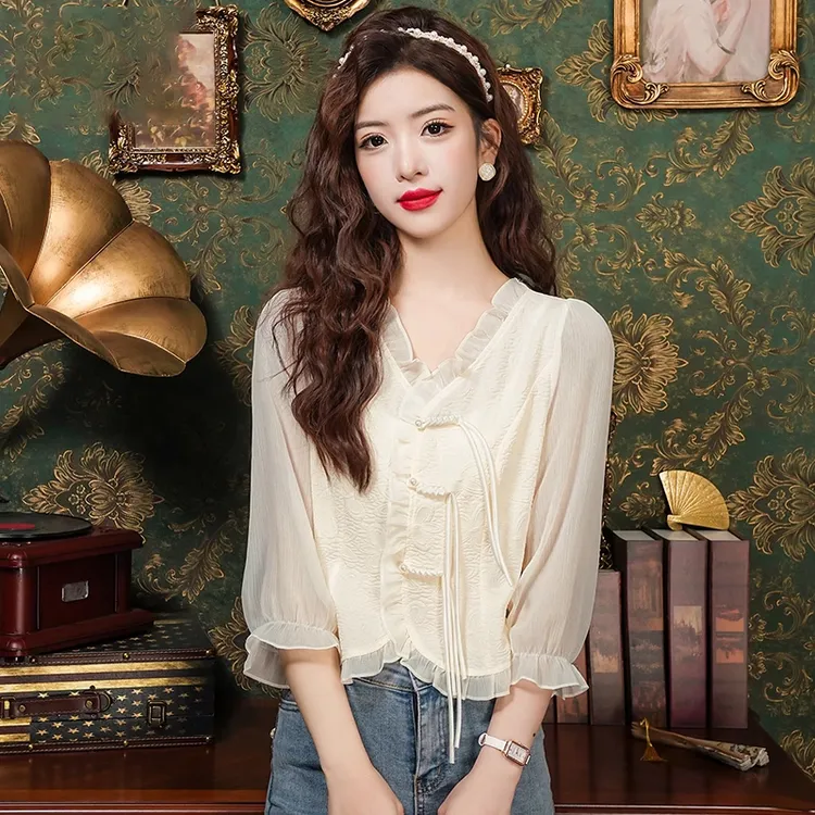 新中式国风雪纺衬衫女秋季2025新款小个子七分袖衬衣短款小衫上衣