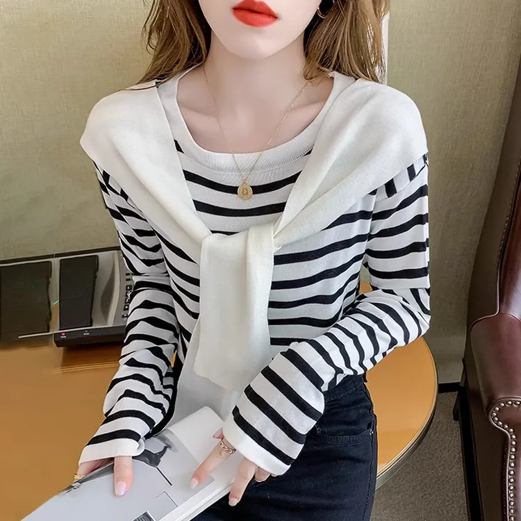 披肩假两件长袖T恤女2025春春季新款条纹针织衫独特别致春季上衣