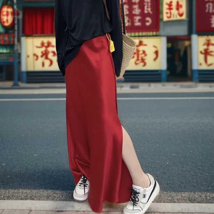 （太妃糖）轻奢姐姐简约纯色中长款气质时尚开叉半身裙