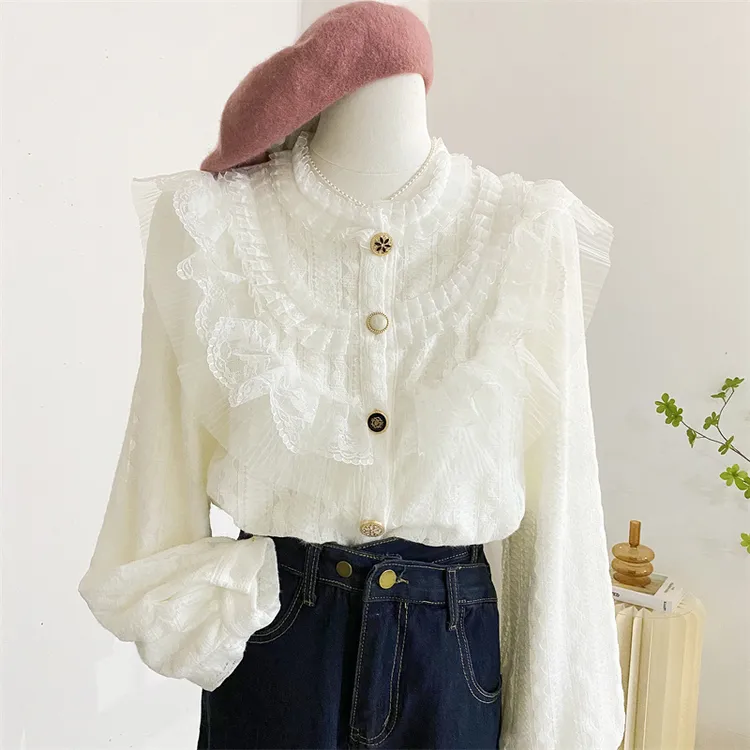 秋冬重工气质花边立领蕾丝衫加绒加厚荷叶边长袖衬衫内搭打底小衫