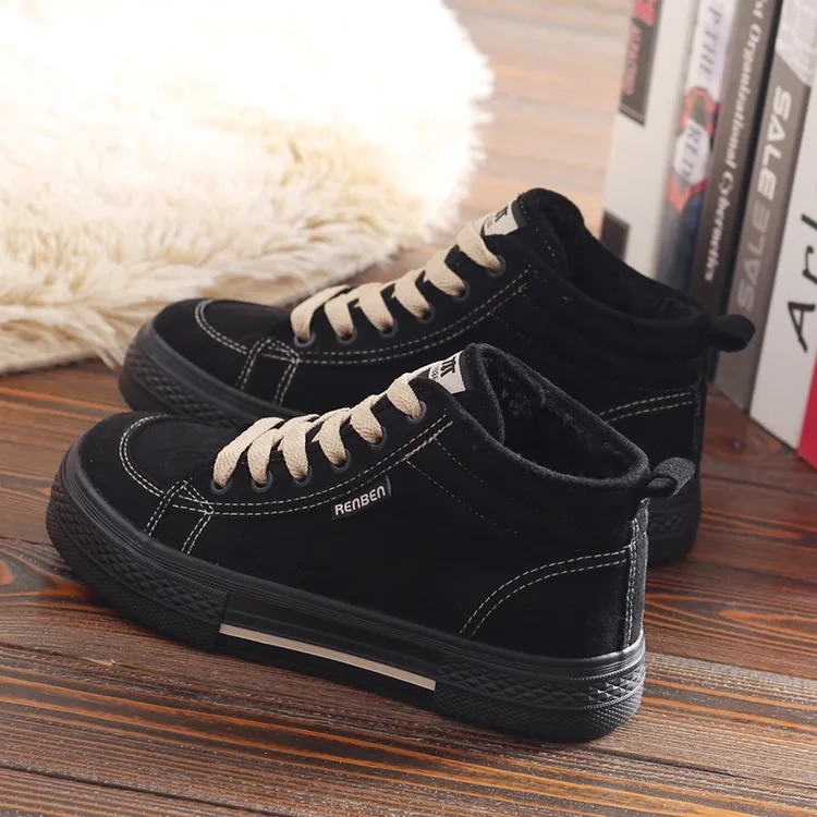 人本冬季加绒帆布鞋女高帮百搭棉鞋厚底板鞋休闲鞋韩版绒面保暖鞋