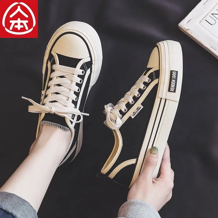 人本帆布鞋女圆头厚底百搭板鞋2025新款薄款经典学生潮流休闲女鞋