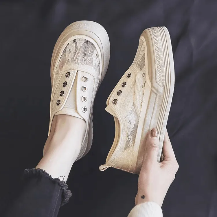 人本网面帆布鞋女蕾丝秋季一脚蹬休闲板鞋女学生百搭厚底透气网鞋