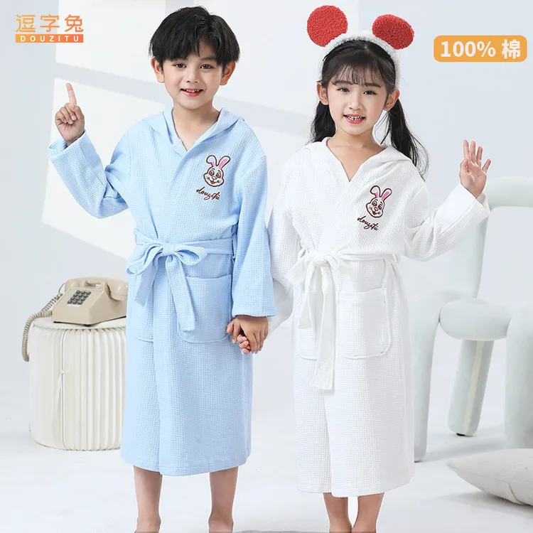 儿童纯棉薄款睡衣夏季中大童连帽腰带睡袍长款宝宝卡通浴袍家居服