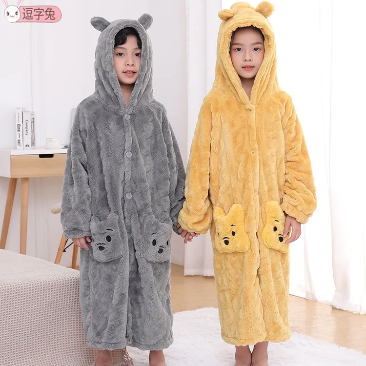 家居服儿童睡袍加绒加厚亲子装长款睡衣保暖连帽可外穿浴袍中大童