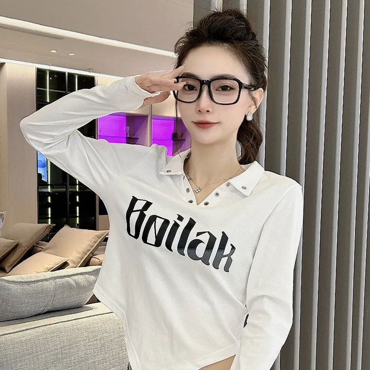 专属9522倒三角字母印花V领长袖T恤