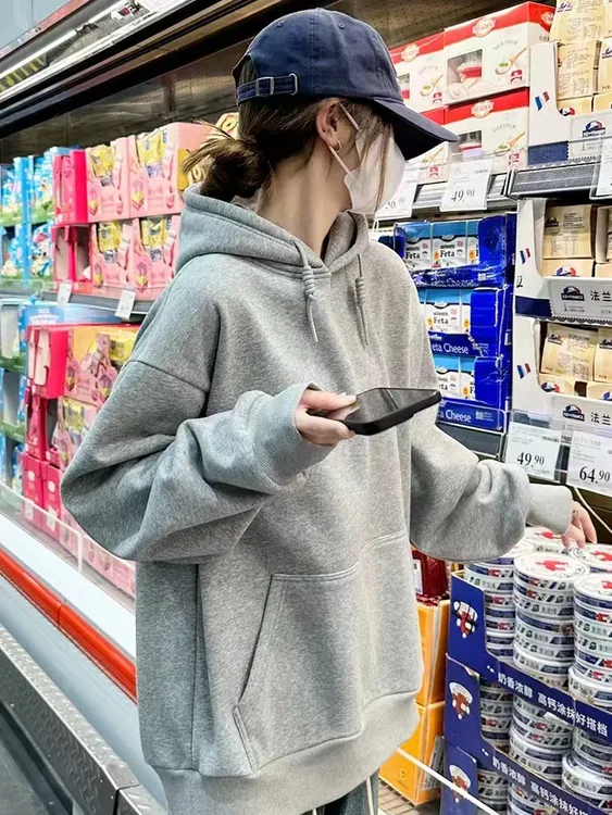 大地色系！长袖加绒加厚百搭连帽卫衣男宽松保暖美式帽衫女纯色潮