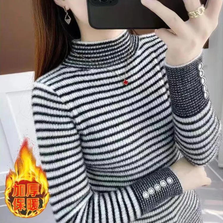 仿水貂绒条纹打底衫女高档半高领秋冬时尚加厚毛衣韩版修身内搭