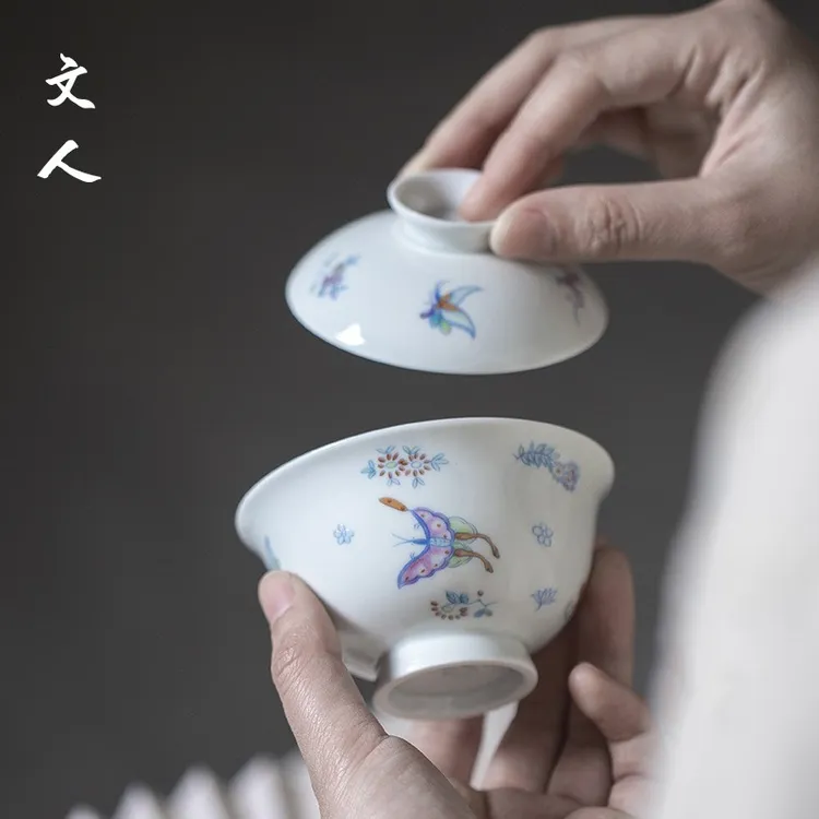文人 拟古蝶舞元宝盖碗功夫茶具二才手工薄胎不烫手茶碗 文人茶器