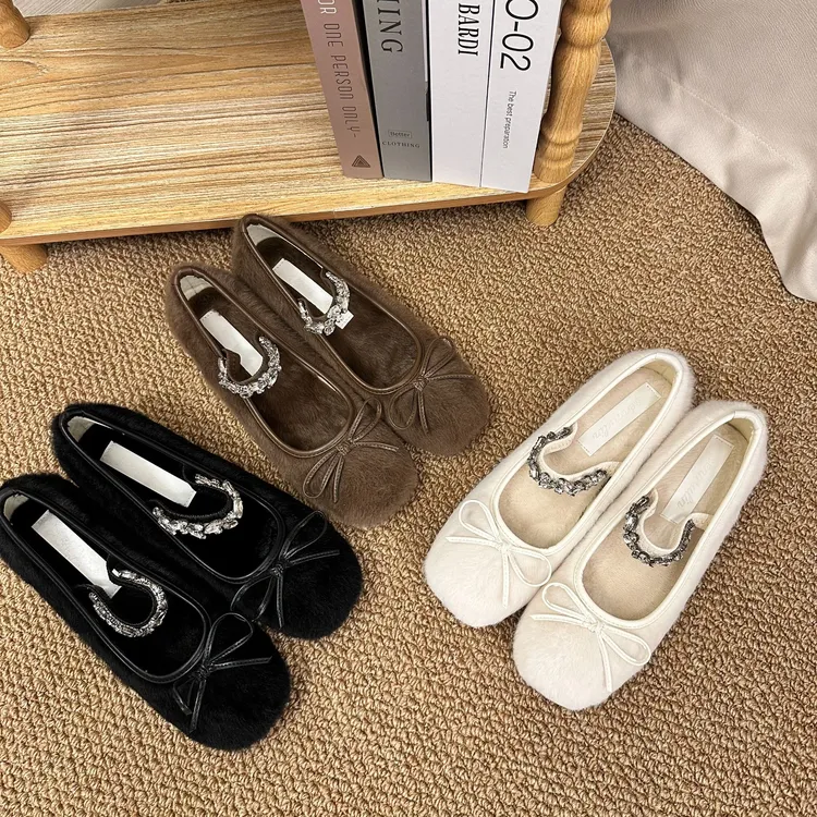 小个子内增高5cm温柔蝴蝶结毛毛加绒单鞋女2024新款秋冬外穿棉鞋