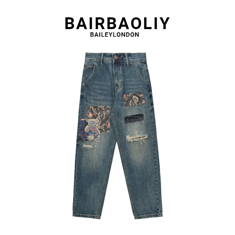 BAIRBAOLIY新款提花小熊拼接破洞高品质韩版时尚直筒男款牛仔长裤
