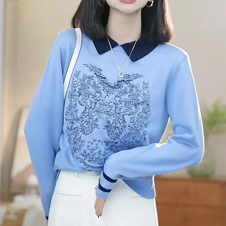 【蜕变精灵】冬装刺绣撞色时髦洋气套头毛针织衫减龄高级上衣1530