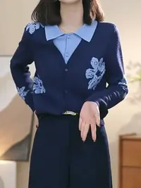 【挚爱蔷薇】设计感撞色提花翻领针织假两件开衫女毛衣时尚百搭1523