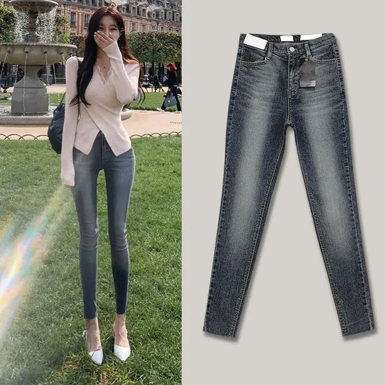 灰蓝色磨白提臀紧身牛仔裤女春秋韩版辣妹高腰弹力显瘦小脚九分裤