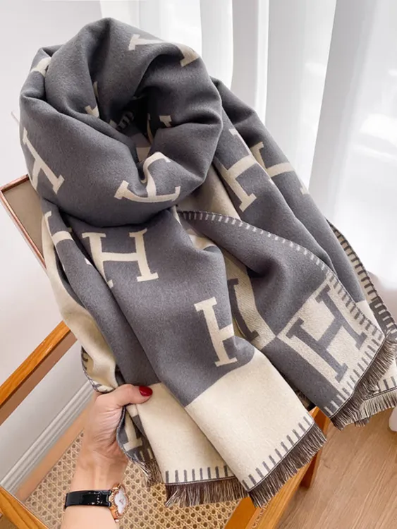 新款男女同款「满印H」厚款围巾披肩百搭情侣双面高档洋气时尚披肩