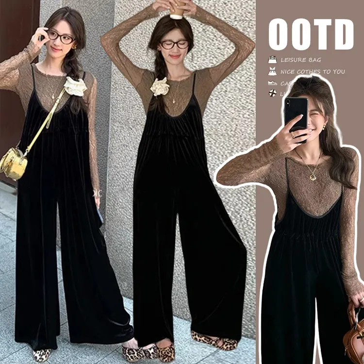 孕妇背带裤洋气时尚孕妇装蕾丝上衣显瘦金丝绒背带裤千金感