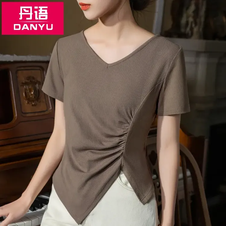 T3X0323 不规则短袖T恤女下摆开叉夏季气质V领法式腰部褶皱上衣女