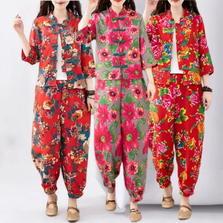 套装碎花服装新中式广场舞印花网红复古风民族风民族花