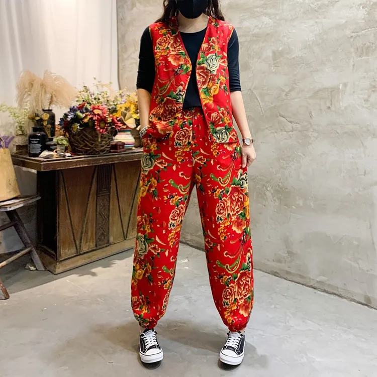 中国风东北大花套装民族风印花马甲灯笼裤两件套网红敬酒服新娘