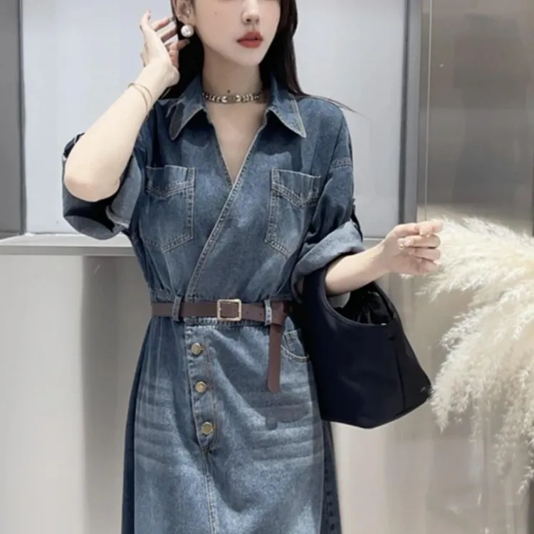 轻奢牛仔连衣裙女装2025夏季新款时尚气质洋气休闲高级感开叉裙子