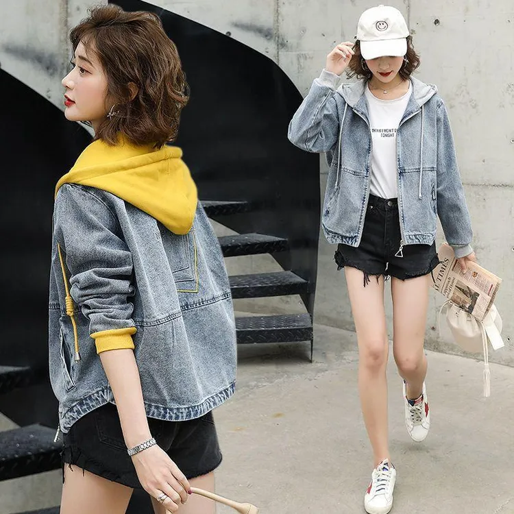 2025春秋季新款韩版宽松大码短款连帽休闲时尚绣花上衣牛仔外套女