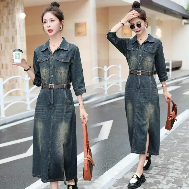 2025春秋季新款韩版宽松复古气质显瘦大码收腰牛仔连衣裙女长裙子