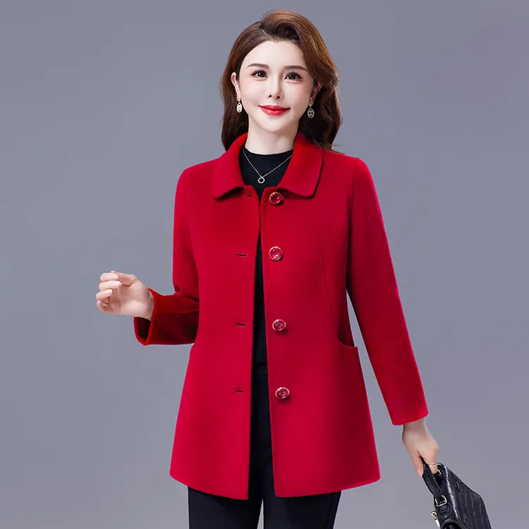 秋装外套女双面呢子新款小个子妈妈中长款毛呢外套双面羊毛大衣冬