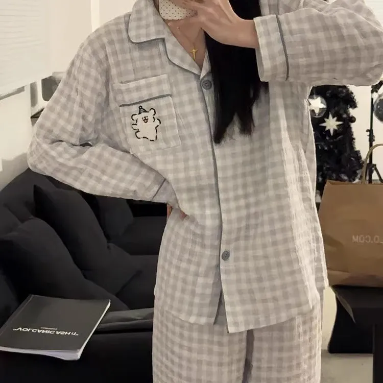 【云朵绵线条狗】秋天长袖睡衣女套装卡通格子少女高级可外出家居服