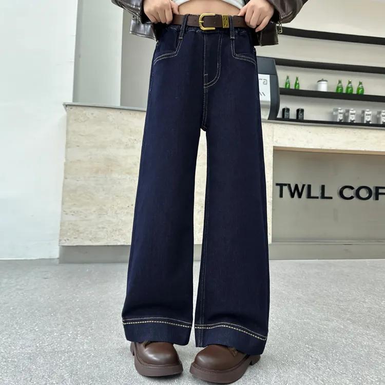 女童秋冬加绒牛仔阔腿裤2025新款洋气秋装直筒长裤女孩宽松休闲裤