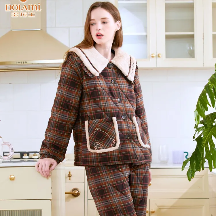正品多拉美2025冬季新款睡衣女梭织夹棉纯棉加厚家居服套装N53247
