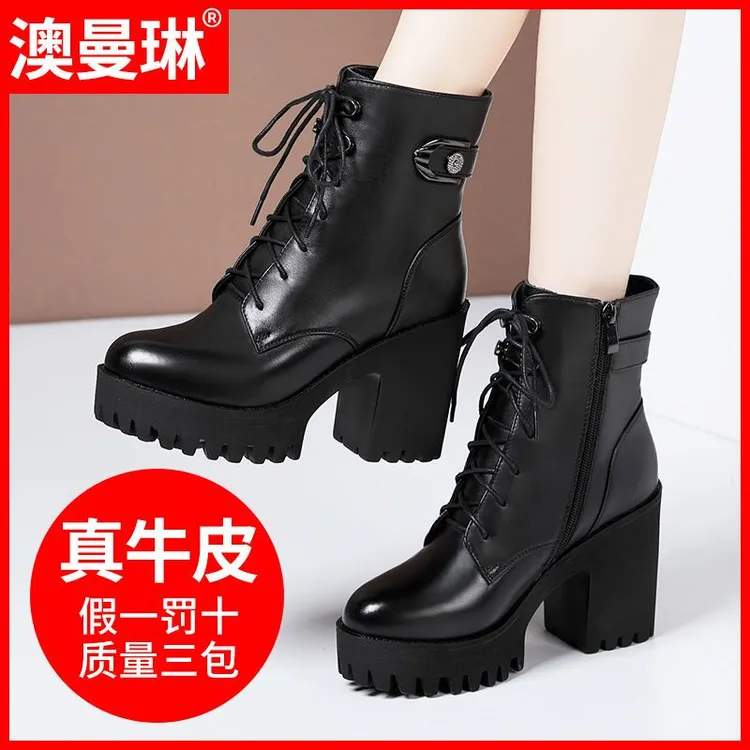 真皮高跟马丁靴女2024秋冬新款系带短靴保暖棉鞋英伦风厚底皮靴子
