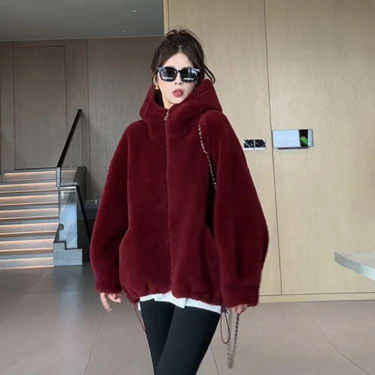 安哥拉红羊羔毛高级感宽松颗粒绒皮毛一体毛毛外套短款连帽大衣女