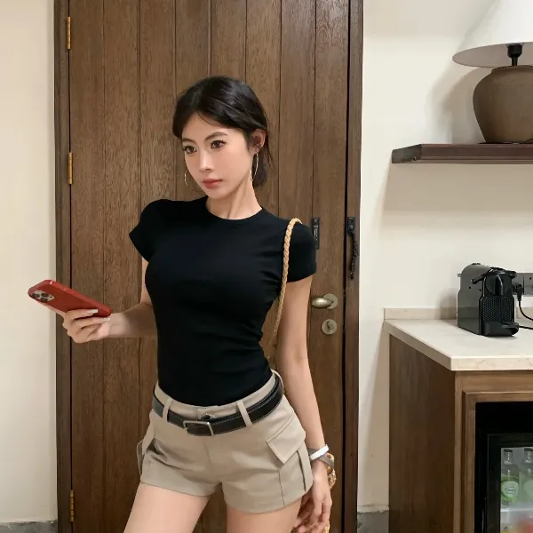 2025夏季小众设计百搭修身显瘦圆领上衣正肩运动短袖T恤女打底衫