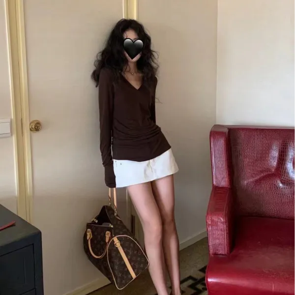 春夏季新款时尚韩版Polo领百搭纯色修身显瘦V领垫肩长袖t恤裙子女